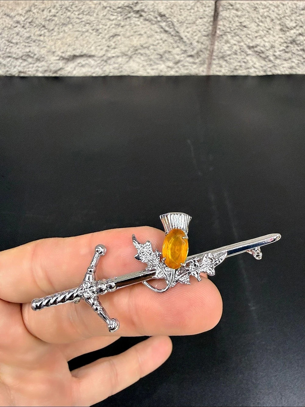 Vintage MIZPAH Scottish Sword Thistle Brooch Amber Yellow Stone Silver Tone Kilt